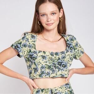 En Saison Passion Top Jacquard Vintage Floral Tapestry Short Sleeve Button NWT S